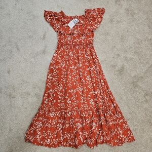 NWT Women Boho Off Shoulder Midi Dress Floral Short Sleeve Size Large